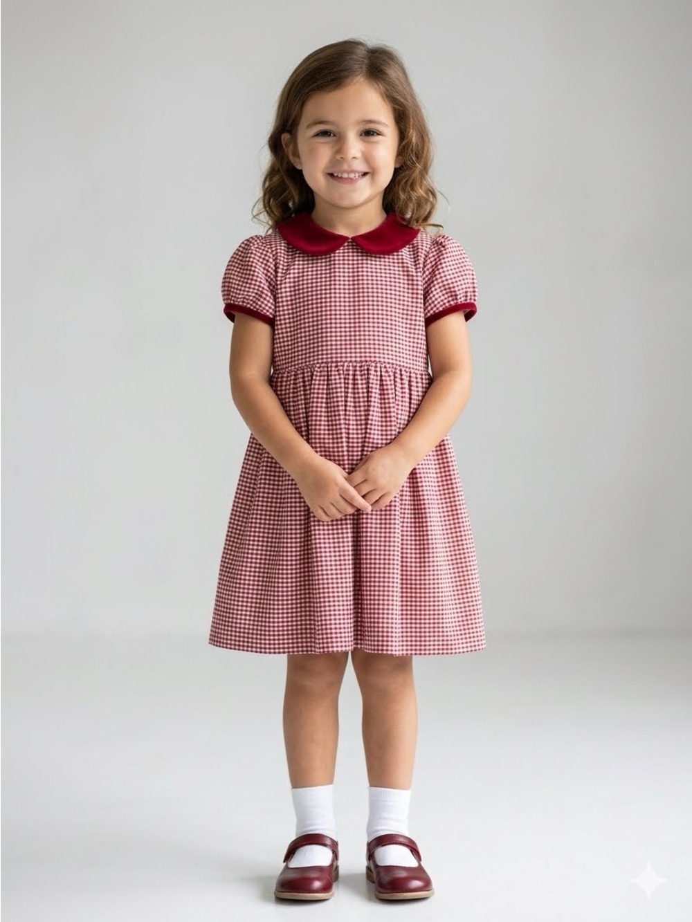 Papo D' Anjo Girls Red Gingham Cotton Dress, Age 4 Red Velvet Collar Silk Lining